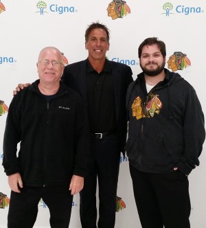 Chicago Blackhawks.  We provided sound and video projection on the ice for a private event, featuring guest speaker NHL Hall of Famer Chris Chelios.