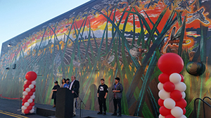 Lighting up the Comm Ed building for the unveiling party for their block long mural.